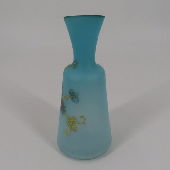Antique Blue Satin Glass Gold Flower Floral Cruet Dressing Pitcher 6.9in Country - Picture 7 of 13